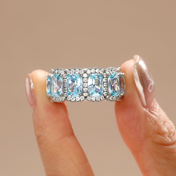 Aria | Aquamarine Ring Cushion Cut Eternity Wedding Band For Women