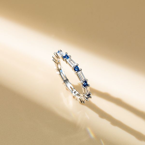 Reese | Blue & White Baguette Eternity Wedding Band For Women