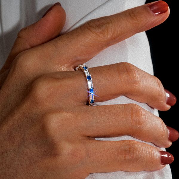 Reese | Blue & White Baguette Eternity Wedding Band For Women