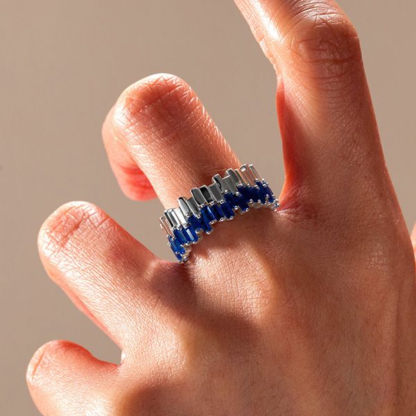 Juliana | Unique Blue Baguette Eternity Wedding Band For Women