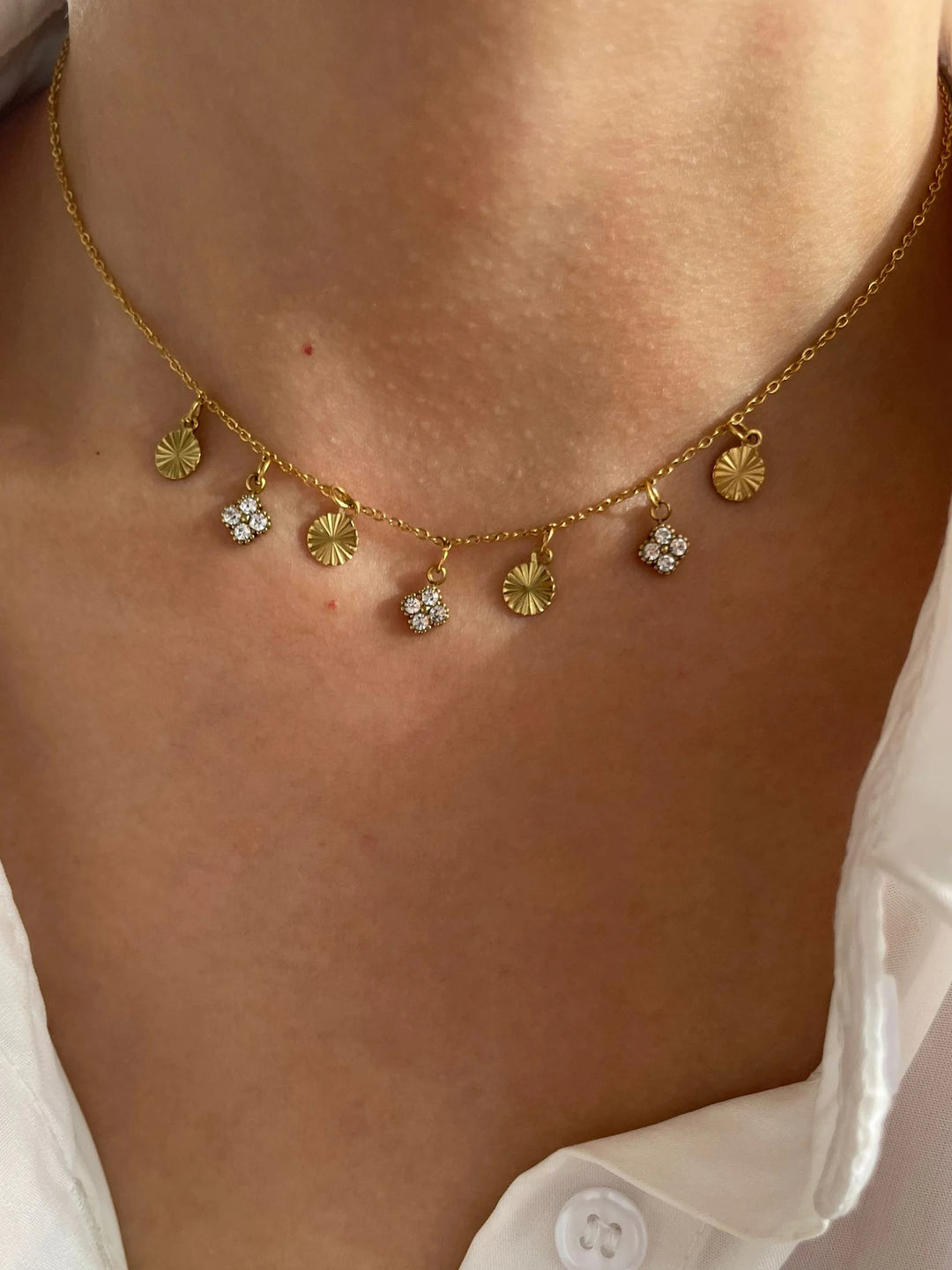 Oaklyn | Sparkling White Rhinestone Geometric Tassel Disc Choker Necklace