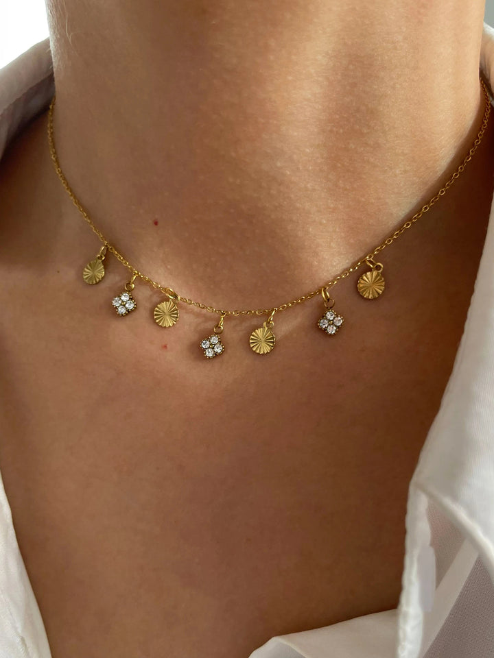 Oaklyn | Sparkling White Rhinestone Geometric Tassel Disc Choker Necklace