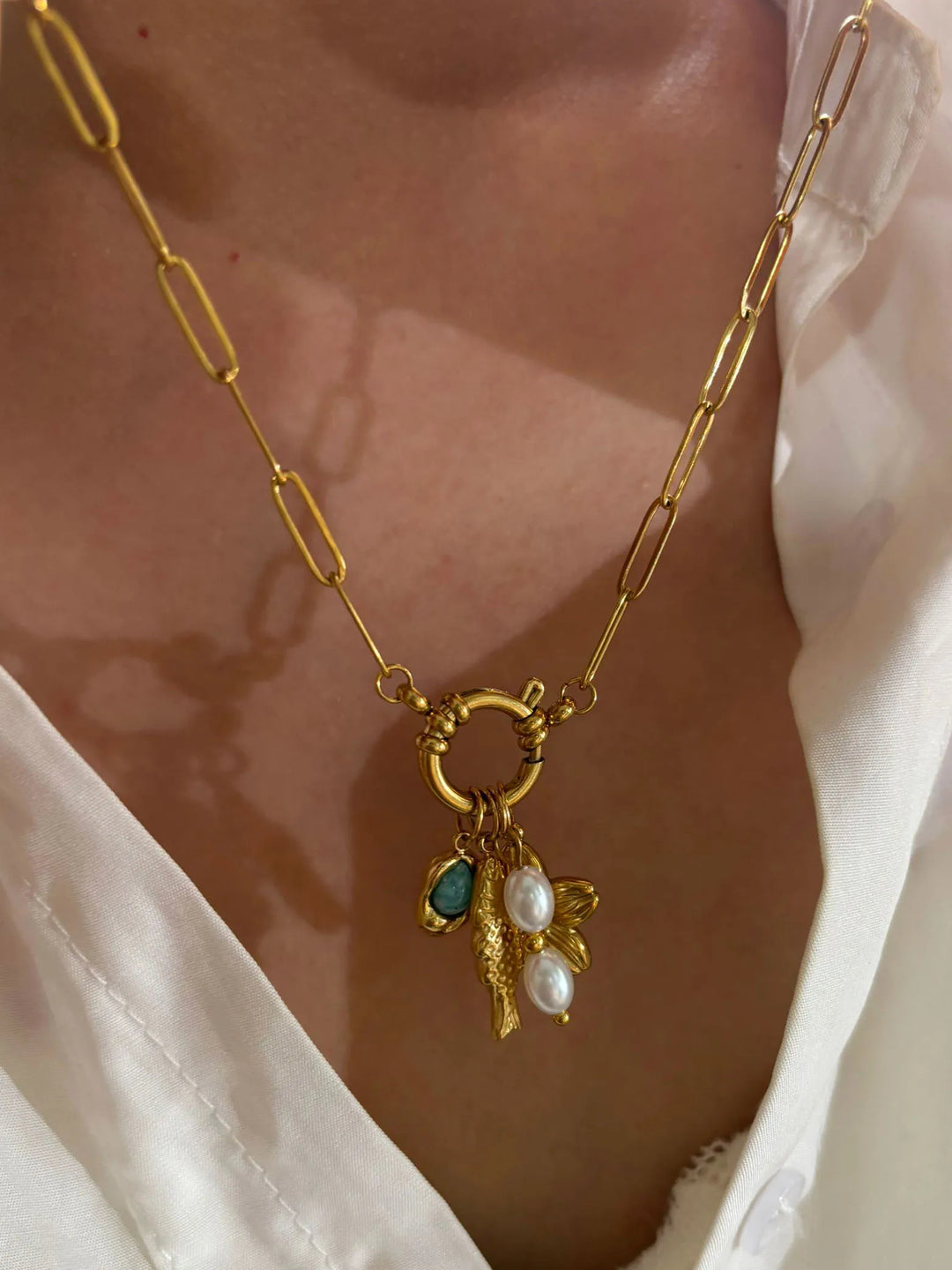 Adley | Fish Flower Natural Stone Imitation Pearl Pendant Necklace