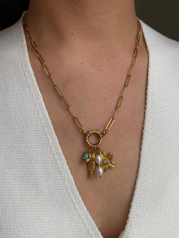 Adley | Fish Flower Natural Stone Imitation Pearl Pendant Necklace