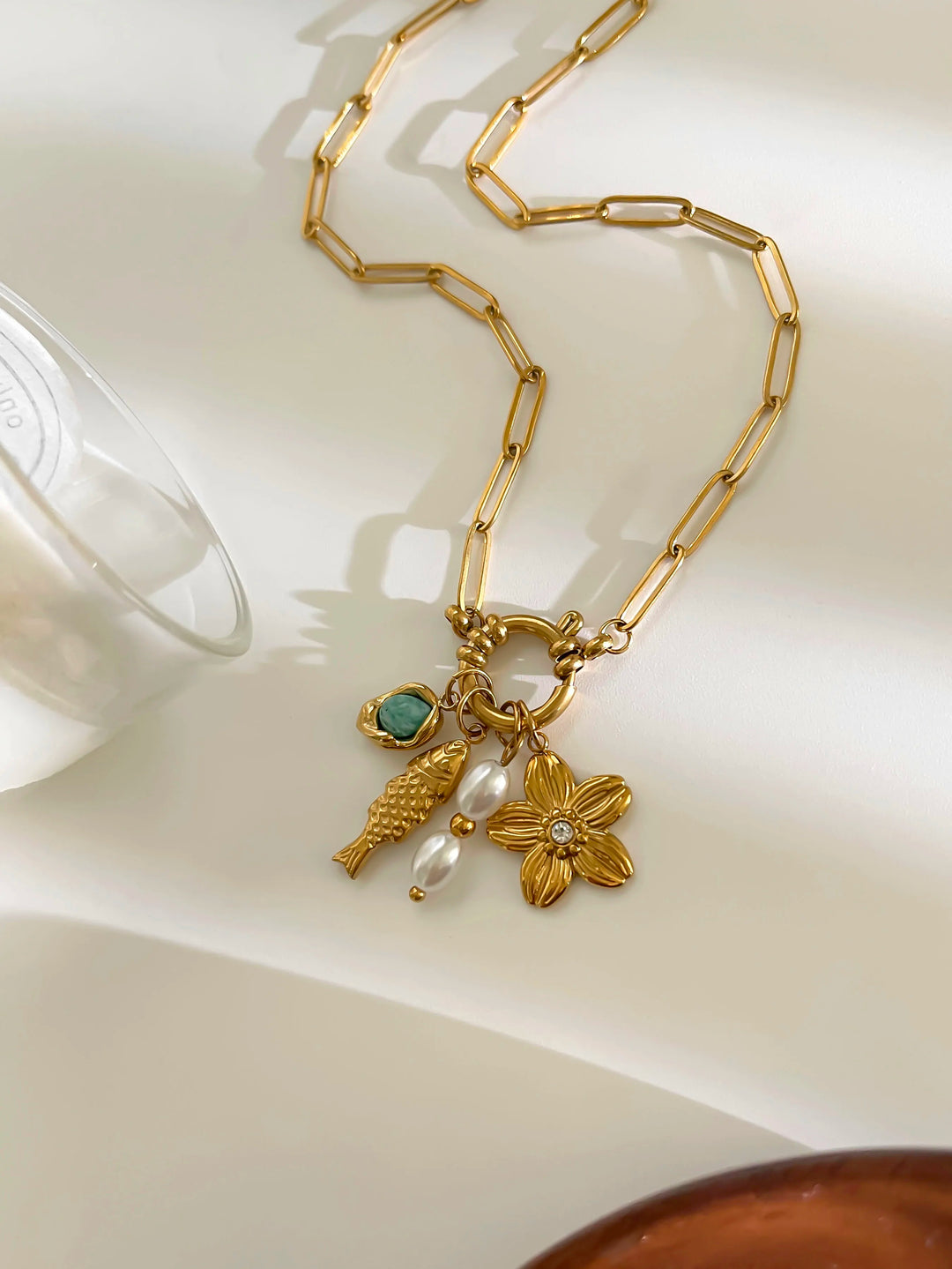 Adley | Fish Flower Natural Stone Imitation Pearl Pendant Necklace