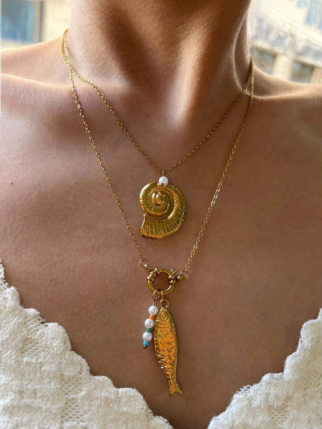 Ila | 18K Gold Plated Conch Fish Imitation Pearl Pendant Necklaces